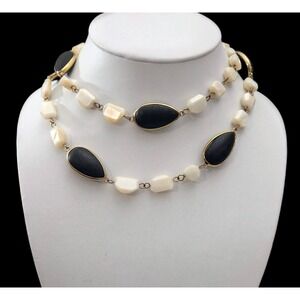 Vintage Necklace MCM Stones Beaded Black White Gold Tone Chain Gemstones Long